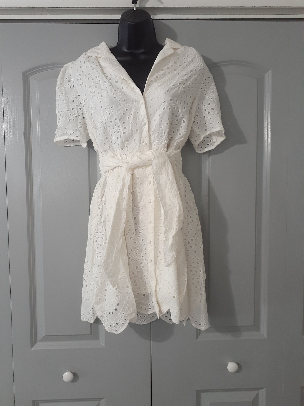 Main Strip White Eyelet Shirt Mini Dress with Tie Waist